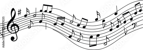 Black musical notes on a wavy staff with treble clef and sharp sign isolated on white background for creative design.