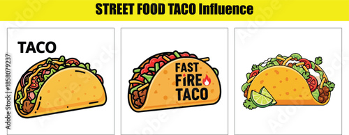Three Cartoon Tacos With Text Labels For Street Food Influence fast food mexican food