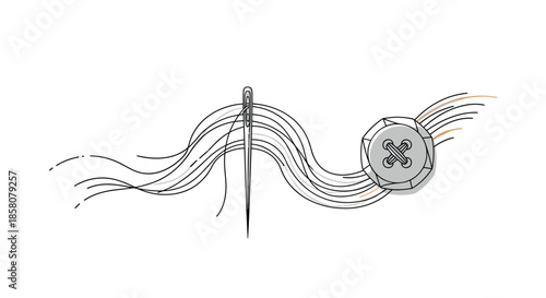 A creative line art illustration featuring a sharp sewing needle and several wavy threads connecting to a stylish grey button.
