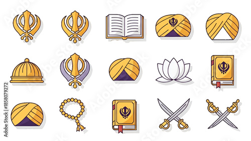 Sikh religion cultural symbols illustration with khanda turban lotus holy book swords dome beads artwork design for festival devotion heritage remembrance for Guru Tegh Bahadur tribute
