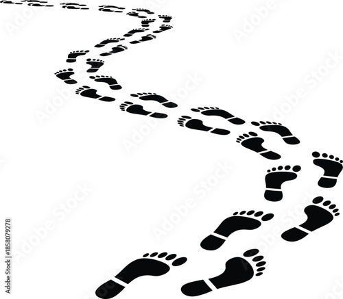 Black silhouette of human footprints walking in a winding trail isolated on white background for tracking, evidence, and journey concepts.