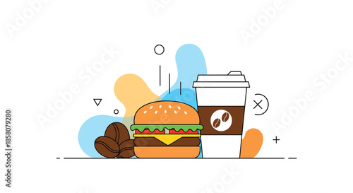 A vibrant flat design illustration featuring a classic hamburger, fresh coffee beans, and a disposable coffee cup, perfect for fast-food and beverage concepts.