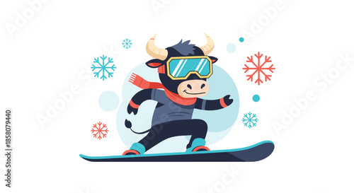 Adorable cartoon bull in winter attire, joyfully snowboarding amidst a snowy landscape with colorful snowflakes, embodying winter sports and festive cheer.