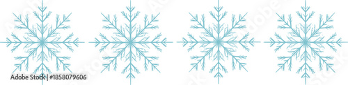 Light blue snowflake vector icon set with four unique crystalline designs isolated on white background for winter and holiday season.