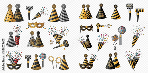 Set of festive party hats, masks, and noisemakers for New Year's Eve celebration.