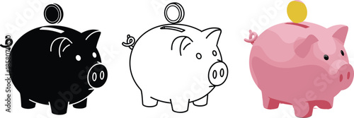 Piggy bank vector set with black silhouette, line art, and 3D pink designs isolated on white background for savings and finance.