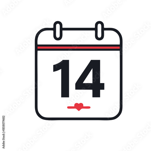 Valentine Day Calendar Icon with Number 14 and Heart Symbol in Flat Line Style