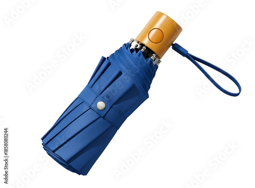 Blue compact travel umbrella isolated on transparent background