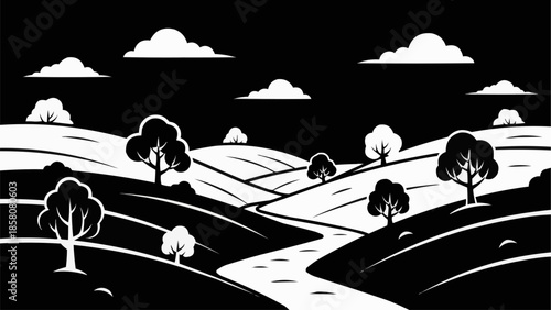 Stylized landscape with rolling hills and trees.