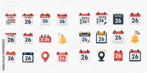 Set of calendar icons with date 26, bell notifications, and location pins, perfect for scheduling and event planning applications.