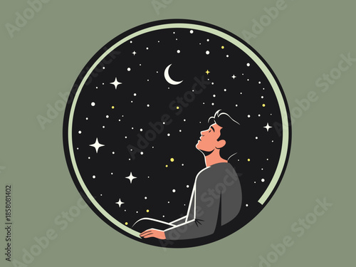 A man finds peace gazing at a starry night sky. A serene illustration evokes tranquility and solitude. Perfect for wellness and relaxation themes.