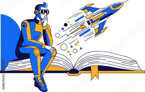 A futuristic inventor contemplates a book filled with rocket designs, symbolizing creativity and innovation. Bold colors and a modern style create a dynamic visual.