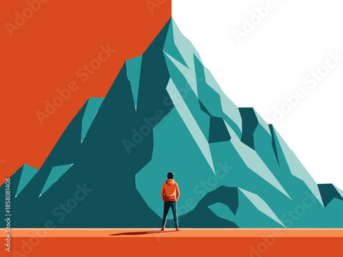 A lone figure contemplates a towering mountain range, embodying harmony in solitude. Bold colors and a minimalist style create a striking visual.