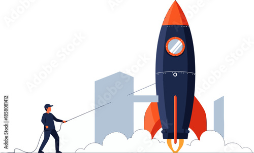 A man pulls a rocket towards a cityscape, symbolizing potential and growth. Modern illustration with a dynamic composition and inspiring message.