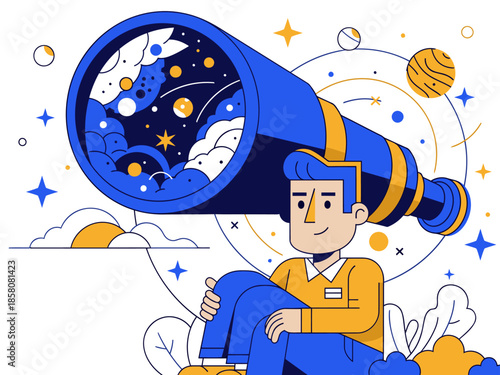 A young man uses a telescope to explore the cosmos. Vibrant colors and a modern illustration style create a hopeful, expansive feel. Reach for more!
