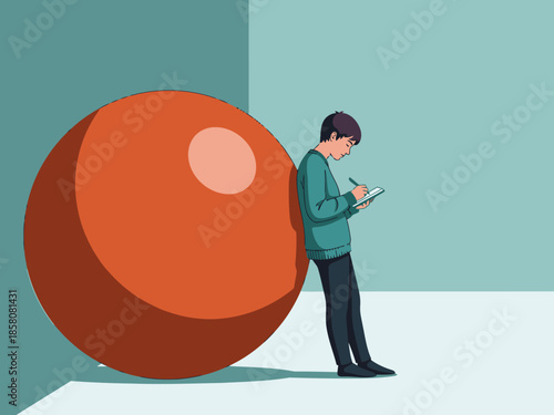 A young man writes in a notebook, leaning against a giant orange circle. He?s focused, creating a sense of quiet contemplation. Minimalist, modern style.