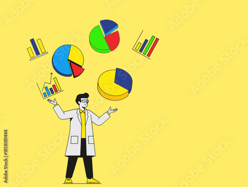 A scientist balances data charts, showcasing truth and insight. A vibrant yellow background contrasts with a white lab coat. Modern, illustrative style.