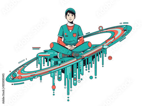 A serene young professional meditates amidst a stylized Saturn ring, symbolizing mind over matter. Modern, vibrant illustration with a calming aesthetic.