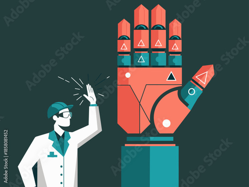 A scientist builds a robotic hand, symbolizing innovation and the future. A male engineer gestures excitedly, highlighting progress. Bold colors and geometric shapes create a dynamic, modern design.