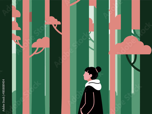 A serene woman contemplates a forest scene, embodying pure, silent joy. Minimalist design, soft colors, and a contemplative mood evoke tranquility and peace.