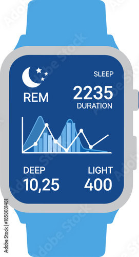 A smartwatch displays sleep scores and duration data. The blue design highlights sleep quality. Modern wearable technology, promoting wellness and healthy habits. Clear, informative display.