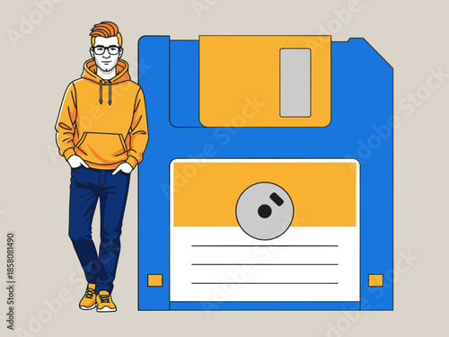 A stylish young man poses with a vintage floppy disk, promoting progress and data preservation. Modern, vibrant, and eye-catching design.