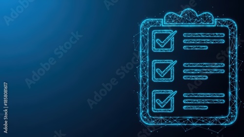A digital blue wireframe icon of a clipboard with three completed checklist items against a dark blue abstract background