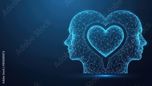 A digital wireframe head with a glowing heart inside representing mental and emotional health concepts