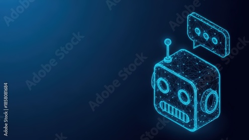 A digital wireframe robot head rendered with glowing blue lines against a dark background representing technology and artificial intelligence