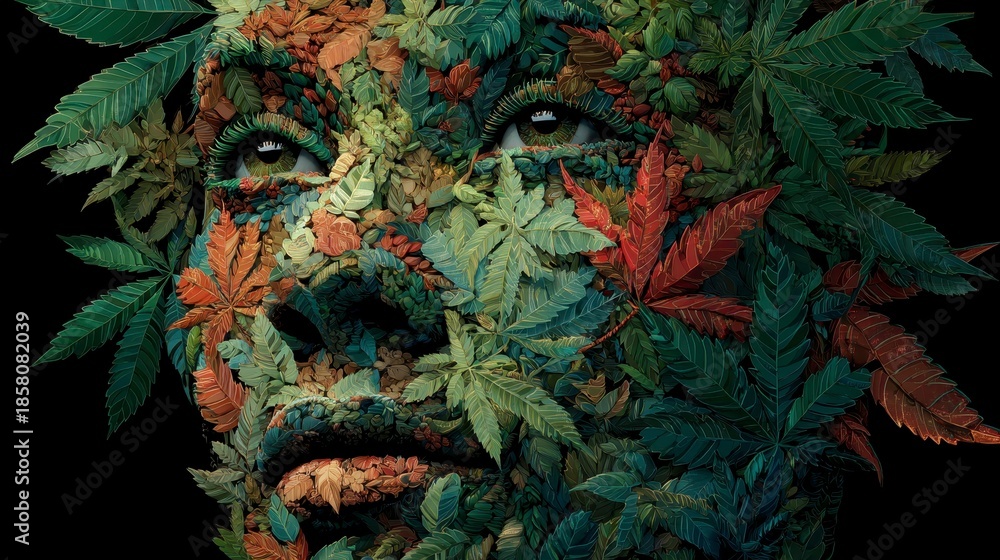 Obraz premium Close-up of a human face, seamlessly integrated with an array of colorful leaves, set against a dark background