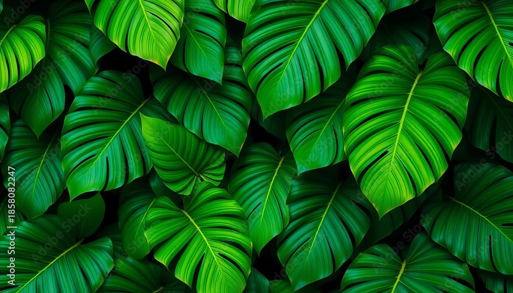 Fototapeta premium Large, vibrant tropical leaves in lush green and deep jungle tones, forming a repeating pattern, foliage, tropical leaves
