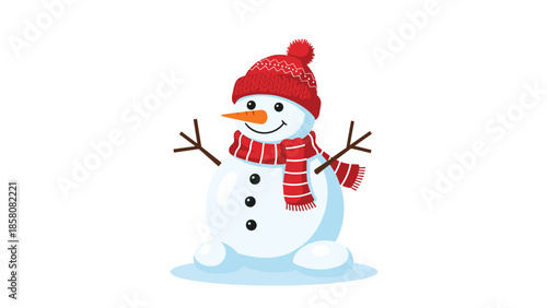 A cheerful and friendly cartoon snowman wearing a cozy red knitted hat and matching scarf, isolated on a white background for winter holiday designs.