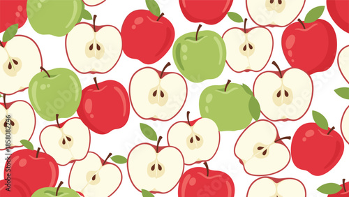 A fresh and healthy seamless pattern of whole and sliced red and green apples, creating a vibrant and fruity background perfect for any design.