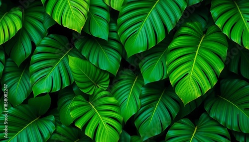 Wallpaper Mural Large, vibrant tropical leaves in lush green and deep jungle tones, forming a repeating pattern,  foliage, tropical leaves Torontodigital.ca