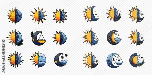 Set of sun and moon icons representing day and night, weather, and celestial themes.