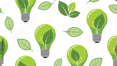 An eco-friendly seamless pattern promoting green energy, featuring light bulbs with leaves inside and scattered green leaves on a simple white background.