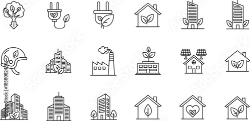 Eco friendly green building and sustainable energy icon set featuring renewable power symbols residential housing smart city infrastructure and environmental conservation