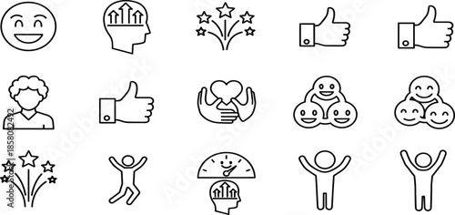 Positive emotion and happiness line icon set showing approval feedback motivation care support success satisfaction joyful people symbols