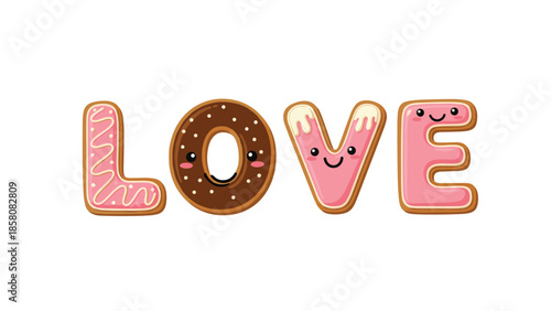 An adorable and sweet illustration of the word 'LOVE' spelled out with cute kawaii-style gingerbread cookies and donuts with smiling faces and icing.