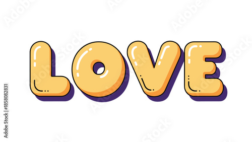 A fun and playful typographic illustration of the word 'LOVE' in a bold, yellow, bubble-style font with a purple shadow effect on a white background.