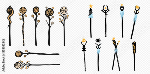 Set of fantasy magic staffs, wizard wands, and sorcerer scepters for game design or fairy tale illustrations.