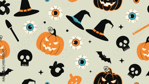 A spooky and retro seamless Halloween pattern with jack-o'-lanterns, witch hats, skulls, bats, and creepy eyeballs on a muted beige background.