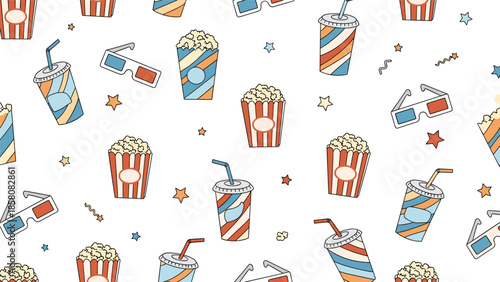 A fun and nostalgic seamless pattern for a movie night theme, featuring popcorn, soda cups, and 3D glasses in a charming, hand-drawn, retro style.