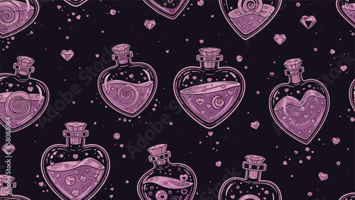 A magical and romantic seamless pattern of purple heart-shaped bottles filled with love potions and sparkling diamonds on a dark, starry night background.