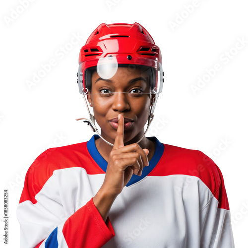 Female Ice Hockey Player in Red Helmet and Jersey with Shushing Gesture