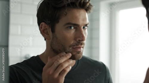 
Serious young man with a focused mood examining his stubble in a mirror representing male grooming and morning routine against a bright white tiled bathroom background with copy space