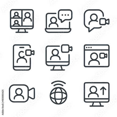 Video call icons show technology for communication. Ideal for illustrating video conferencing technology and modern communication tools in presentations.