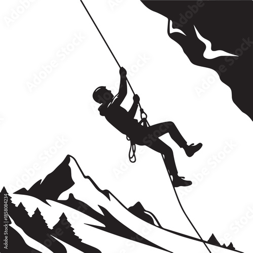 Mountain Climber Rappelling Silhouette Black and White Adventure Vector