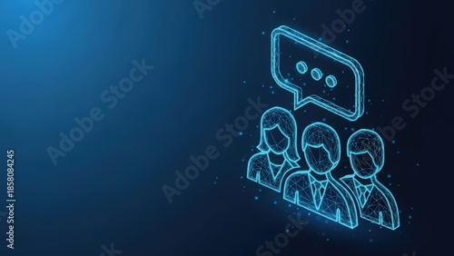 Digital illustration of a group of people communicating with a speech bubble above them representing discussion and connection