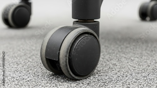 Close-up of black office chair caster wheel on gray carpeted floor with smooth rolling design